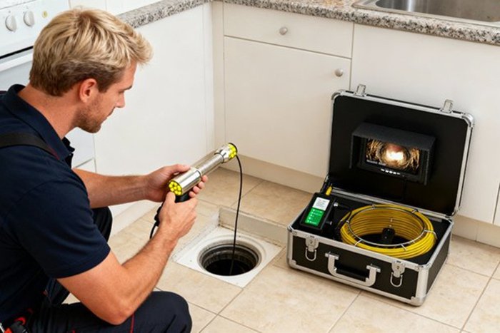 Technician using the pipe camera for kitchen drain inspection